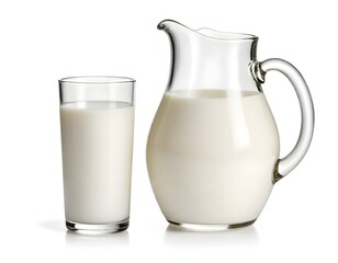 A glass pitcher and glass filled with fresh milk