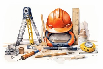 An illustration of a variety of construction tools including a hard hat, level, tape measure, hammer, and other assorted tools