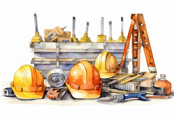 A watercolor painting of a variety of construction tools and materials.