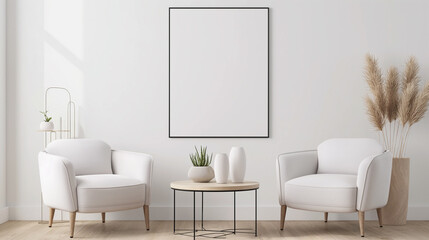 Sala moderna branca com um quadro em branco na parede