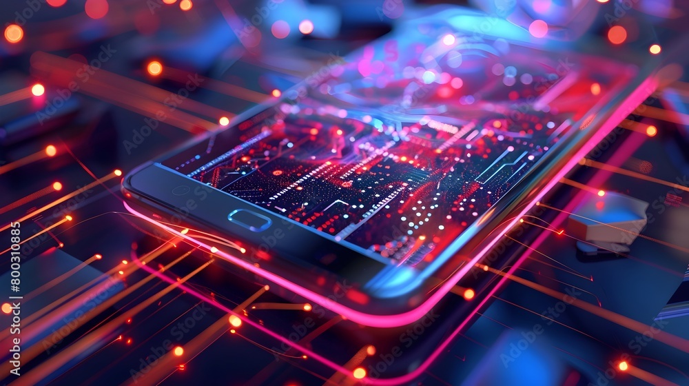 Poster conceptual image of 5g chip in smartphone with abstract digital waves depicting enhanced connection