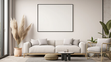 Sala moderna branca com um quadro em branco na parede