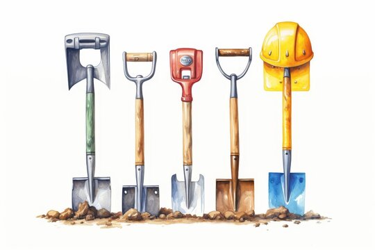 A variety of shovels and a hard hat sit in a pile of dirt