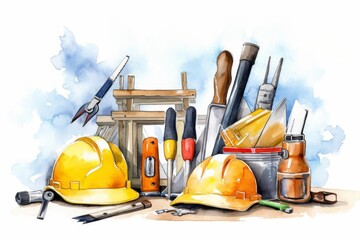 A watercolor painting of a variety of construction tools