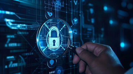 Obraz premium An Individual Grips a Magnifying Glass, Fixating on the Enigmatic Lock Symbol - A Cybersecurity and 3FA Concept