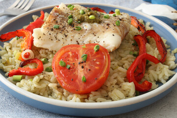 Herbaceous Jasmine Rice and Cod with Genovese Pesto, Roasted Peppers and Tomato
