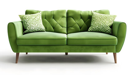Fototapeta premium Green love seat sofa with two pillows on white background