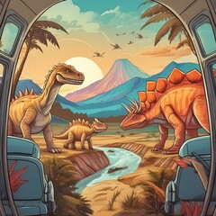 Obraz premium 차 안에서 보는 공룡세상
