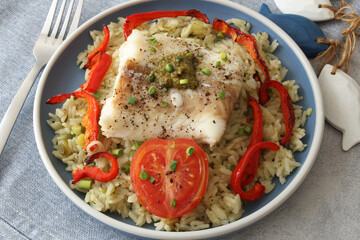 Herbaceous Jasmine Rice and Cod with Genovese Pesto, Roasted Peppers and Tomato