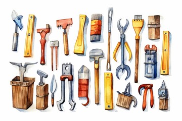 A watercolor painting of a variety of old hand tools