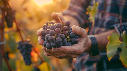 Close up of hands holding grapes in a vineyard at sunset depicting the wine making concept