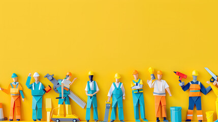 Colorful paper construction workers holding tools standing in a row in a flat lay banner design for International Day of Peace and Workers Day concept
