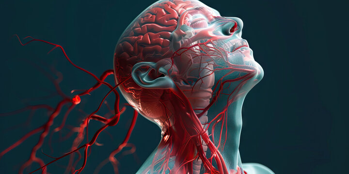 Subarachnoid Hemorrhage: The Sudden Severe Headache and Neck Stiffness - Picture a person experiencing a sudden, severe headache, with highlighted blood vessels in the brain