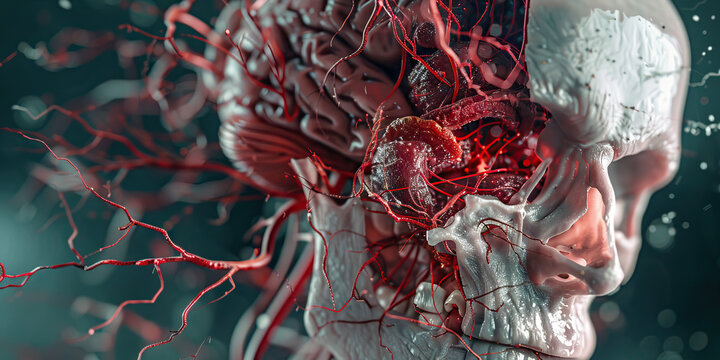 Subarachnoid Hemorrhage: The Sudden Severe Headache and Neck Stiffness - Picture a person experiencing a sudden, severe headache, with highlighted blood vessels in the brain