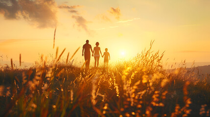 Silhouette of happy family walking in the meadow at sunset - Mother, father and child son having fun outdoors enjoying time together - Family, love, mental health and happy lifestyle concept 