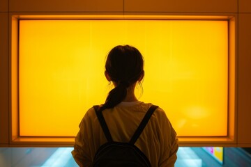 Device screen woman in her 20s in front of a interactive digital board with an entirely yellow screen