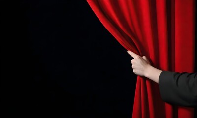 A hand pulling open a red curtain against a black background