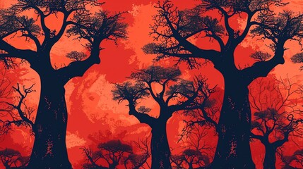 Baobab trees silhouette, seamless vector pattern, African sunset red background, striking for a safari magazine cover, eyelevel view