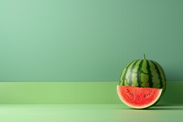 whole watermelon with single slice cut out placed against green background with copy space