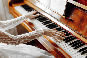 A woman is playing the piano with her hands on the keys. The piano is an old model and the woman is...