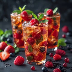 Red refreshing drink with mint on grey background. Colorful summer non-alcoholic refreshing drink with ice, fruit iced tea. Generative AI