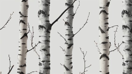 Birch trees in a seamless pattern, light gray background, elegant for a Scandinavian design magazine cover, eyelevel shot
