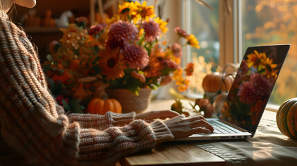Woman typing on her laptop with flowers and pumpkins in the background creating an autumn atmosphere at hom