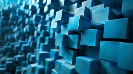 3D geometric cube wall in varying shades of blue.