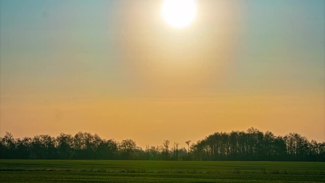 Orange glow sun goes up blue skyline above green agricultural fields time lapse