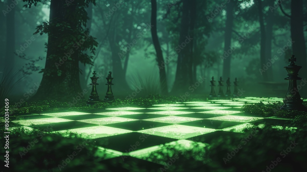 Wall mural Chess pieces on glowing green board in misty forest setting at dawn
