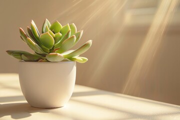 Jade Plant in white pot under sunlight. Home decor.