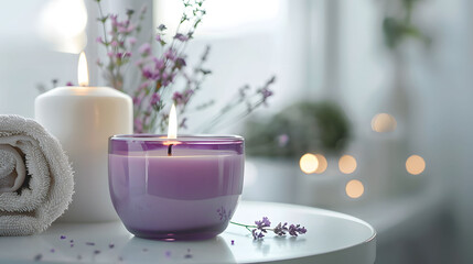 Purple glass candle jar with burning white wax next to it is lavender flowers