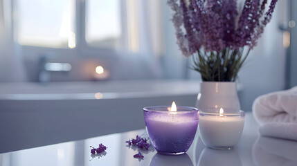 Purple glass candle jar with burning white wax next to it is lavender flowers