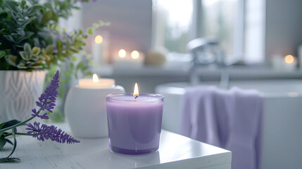 Purple glass candle jar with burning white wax next to it is lavender flowers
