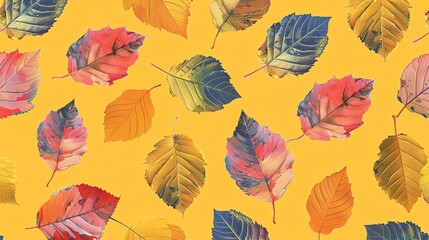 Deciduous tree leaves in autumn colors, seamless pattern, golden yellow background, perfect for a fall lifestyle magazine cover, from above