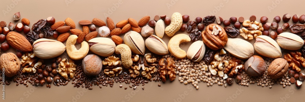 Aufkleber variety of nuts displayed on a neutral background with generous space for creative text placement