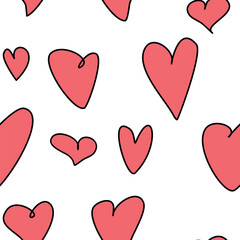 Seamless abstract pattern of different red contour hearts. Hand drawn doodle background, texture for textile, wrapping paper, Valentines day, romantic design