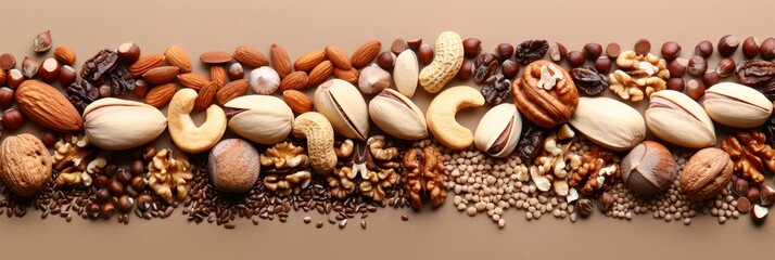 Variety of nuts displayed on a neutral background with generous space for creative text placement - Powered by Adobe