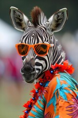 Fototapeta premium Fashionable zebra in orange sunglasses and colorful hawaiian shirt for a trendy and fun look