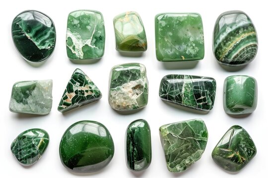 Collection of green jade mineral stones isolated on white background