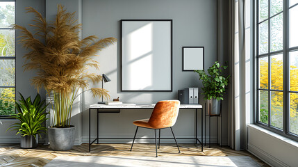 minimalist style office space afternoon with white grey walls,green plants with Interior Mockup...