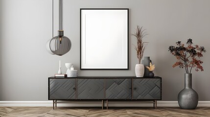living room interior with wooden sideboard and mock up frame 3D rendering, Poster with sideboard near the wooden wall and the living room interior in beige. ai generated 