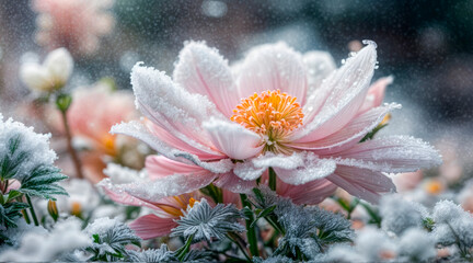 Beautiful flower covered with snow