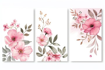 Pre made templates collection, frame - cards with pink flower bouquets, leaf branches