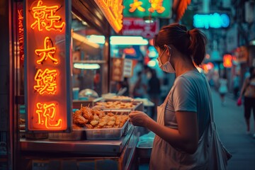 AI generated illustration of a female customer at a street food stall