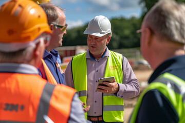 A group of men in a construction or industrial setting, as indicated by the safety gear they are wearing, including hard hats and high-visibility vests. One of the men is holding a digital tablet, whi