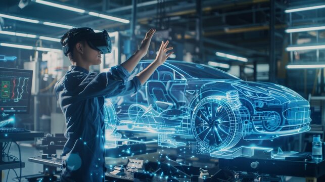 a young engineer wearing virtual reality gear hands gesturing as they sculpt the aerodynamic features of an electric car in mid-air