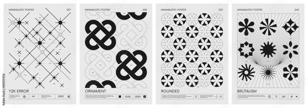 Poster Brutalist style vector minimalistic Posters with silhouette basic figures, Retro futuristic graphic elements of geometrical shapes rave composition, Modern monochrome print artwork, set 60