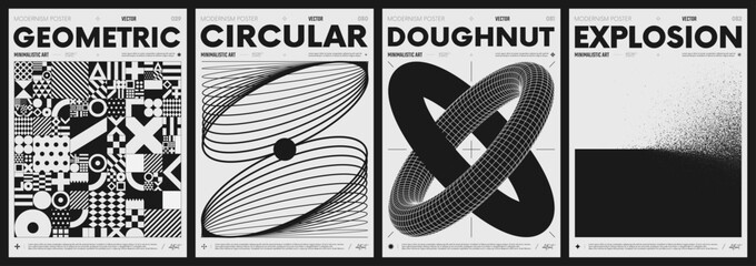 Modern abstract poster collection, vector minimalist posters with geometric shapes in black and white, brutalist style inspired graphics, bold aesthetic, shape distortion effect set 8