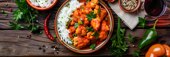 Mouth-watering Spicy Chicken Dish Served with Rice and Wine on a Rustic Background